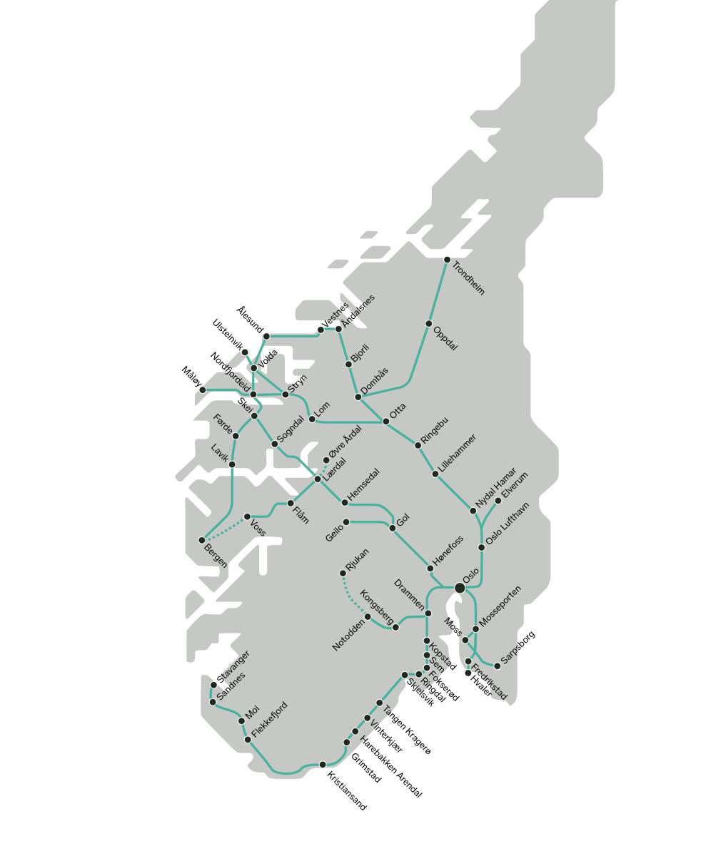 Illustration of bus routes from VY Express in Norway.