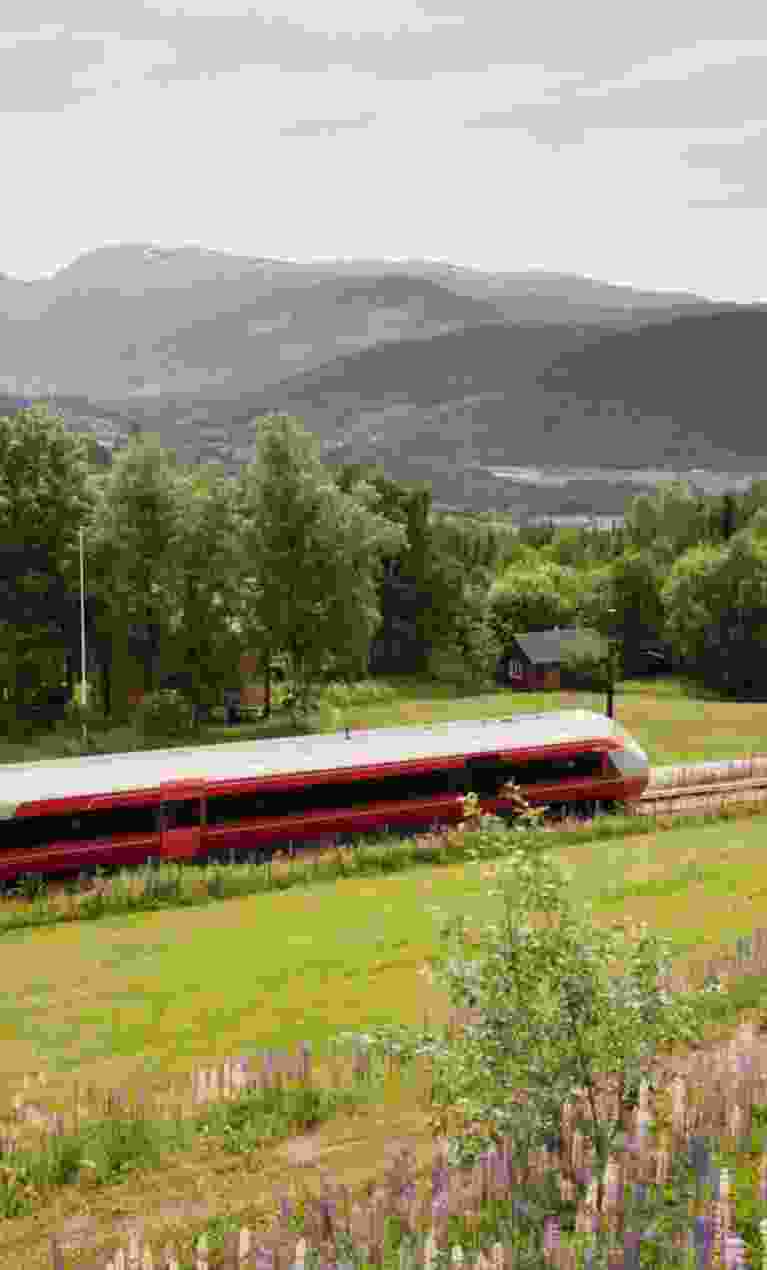 A train passes green fields in Voss along the Bergen Railway