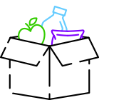 Line icon illustration showing grocery items in an open box.
