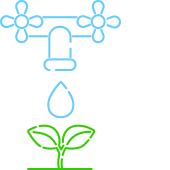 Icon illustration showing a faucet dropping a single drop of water on a growing plant.