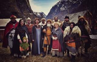 Group picture of the Vikings in Njardarheimr, Viking Valley in Gudvangen, Fjord Norway