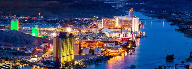 Aerial shot of Laughlin, NV at night