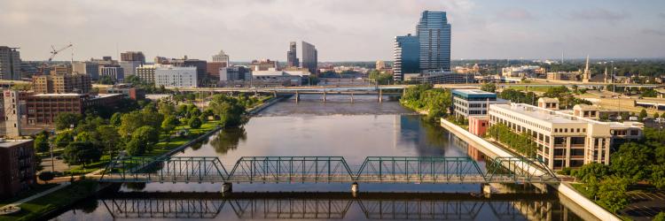 Skyline of Grand Rapids - North Facing South by Sixth Street Bridge Skyline via drone, 2018.