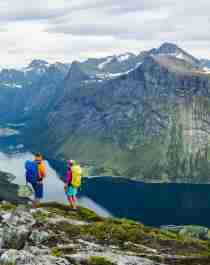 Hiking in Norway with a view of mountains and fjords