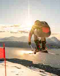 Alpine athlete competing at Narvik mountain with a spectacular view