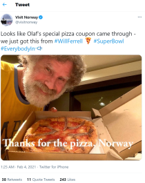Will Ferrell's pizza tweet on Visit Norway Twitter