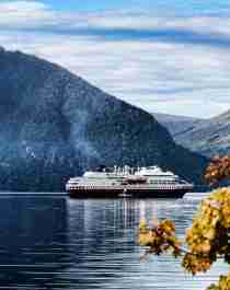 Autumn leaves and the hurtigruten steamer in the fjord