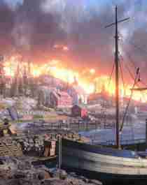 A photo from the game Battlefield V, where the small city of Rjukan is set ablaze