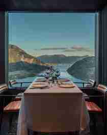 View over the fjord from the dining table in The Bolder, Norway