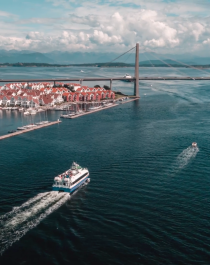 A ferry sailing towards Stavanger city centre in Fjord Norway