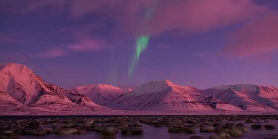 Northern lights and pink sky over snow-covered mountains in Svalbard