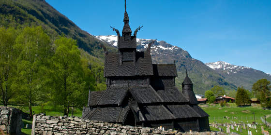 Borgund stave church in Lærdal, Norway in summer