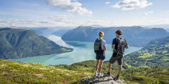 Two people admiring the view from the top of mount Molden in the Sognefjord area of Fjord Norway
