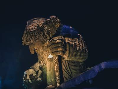 The Hunderfossen troll in Hunderfossen fairytale park seen at night