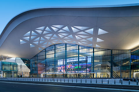 Photo of the entrance to the Las Vegas Convention Center at dusk.