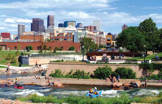 Confluence Park on the South Platte River bustles with river enthusiasts.