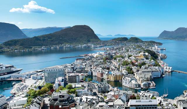 The city Ålesund, Fjord Norway, seen from viewpoint Aksla