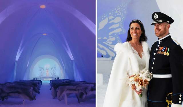 A couple getting married in the ice cathedral in Hunderfossen at Lillehammer in Eastern Norway