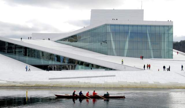 People rowing in front of the Oslo Opera House, Eastern Norway