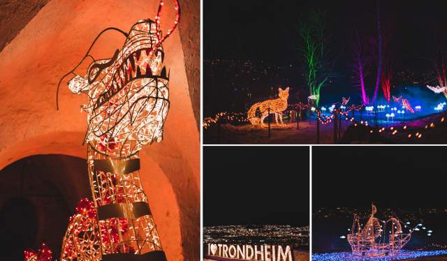 Four pictures of different light arts at Lumagica in Trondheim