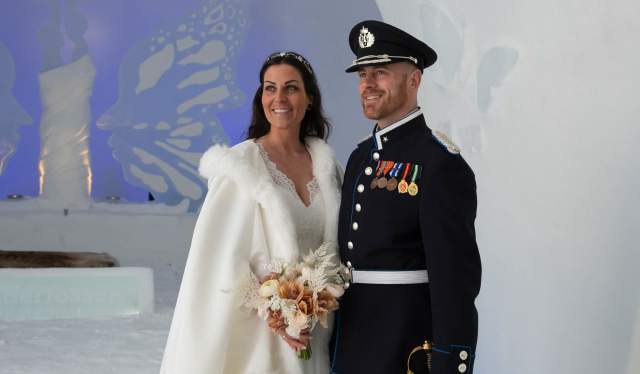 A couple getting married in the ice cathedral in Hunderfossen at Lillehammer in Eastern Norway