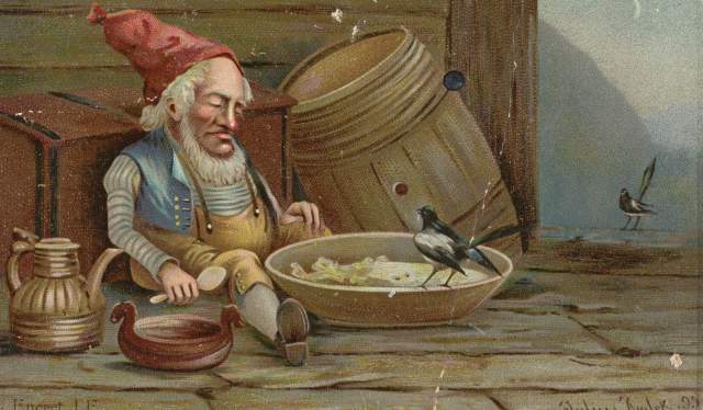 Drawing of the barn elf Fjøsnisse with a big plate of food