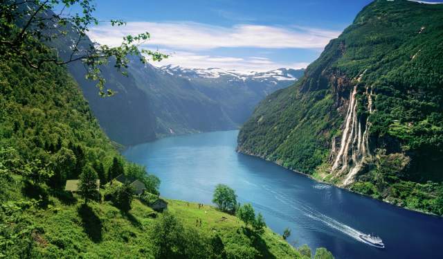 The Seven Sisters waterfall and a view of the Geiranger from above in Fjord Norway
