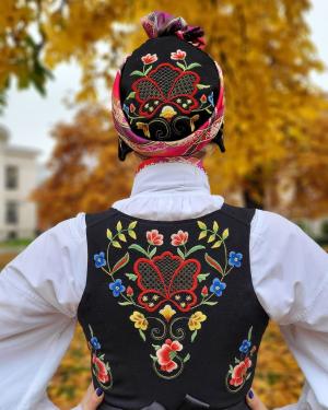 The detailed embroidery of a traditional costume, an Aksel Waldemar bunad from Gudbrandsdalen in Eastern Norway