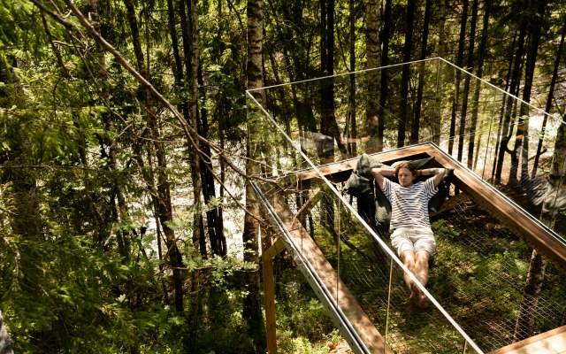 Man enjoying the calming nature from the treetop cabin in Laagen, Larvik