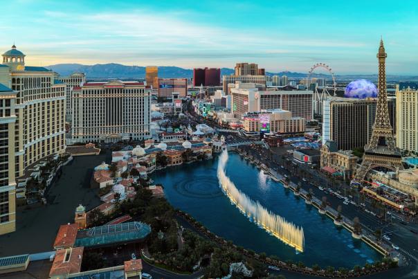 Stunning view of the Las Vegas Strip with the Bellagio Fountains.