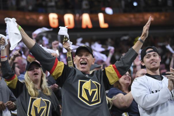 A Las Vegas Golden Knight fan rooting for his team.