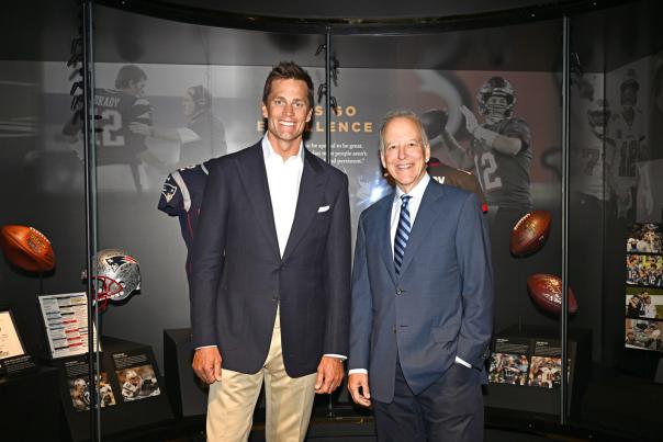 Tom Brady and Jim Gray attend the Press Conference for the Hall of Excellence Opening at Fontainebleau Las Vegas