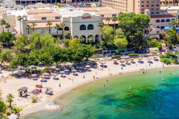 A stunning areal shot of the beach front at Harrah's Laughlin.
