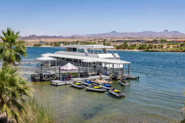 Boats on the Colorado River by the Laughlin Riverwalk.