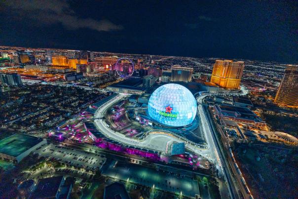 F1 display on Sphere at night in Las Vegas.