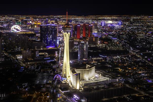 A stunning aerial view of the Las Vegas Strip as night.