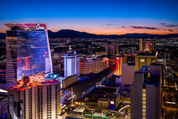 Appreciate the stunning view of Downtown Las Vegas at dusk.