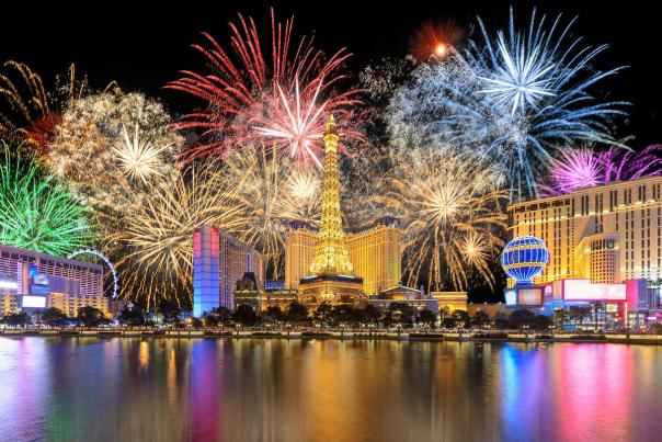 Stunning fireworks above the Las Vegas Strip at night.