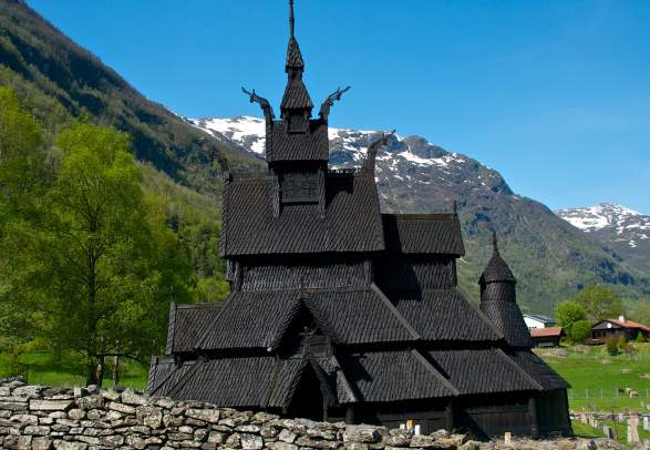 Borgund stave church in Lærdal, Norway in summer