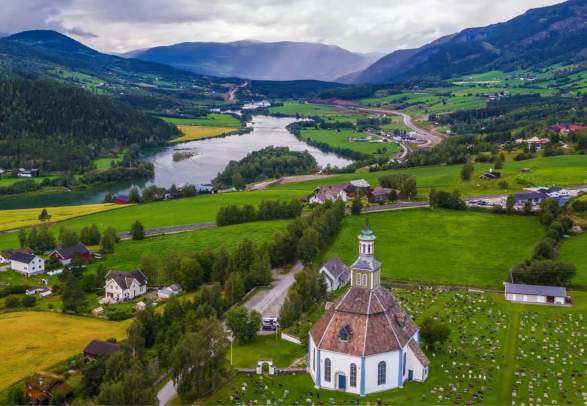 Aerial of Sør-Fron Church in the Gudbrandsdalen valley of Eastern Norway