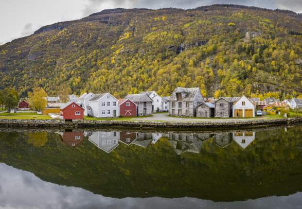 Old small town Lærdalsøyri in Sogn, Fjord Norway
