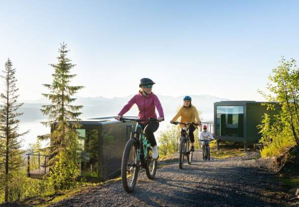 Three people summer biking at the Narvikfjellet with midnight sun