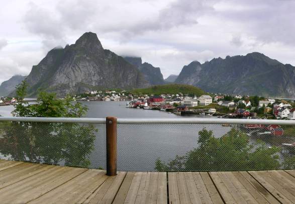 The fishing village Reine seen from a viewing platform on Norwegian Scenic Route Lofoten, Northern Norway