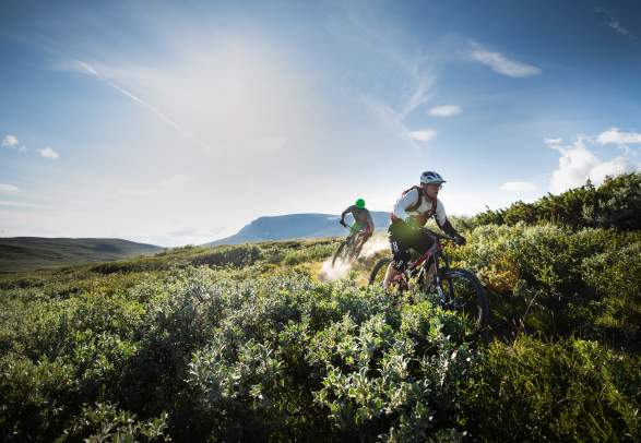 Twee mensen die door de bergen fietsen in Geilo, Oost-Noorwegen. Ze dragen allebei helmen en beschermende kleding. Het is een mooie zomerdag met groen gras op de voorgrond en een blauwe hemel in de achtergrond.
