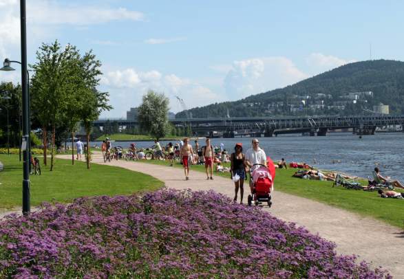 People walking along the river in Drammen