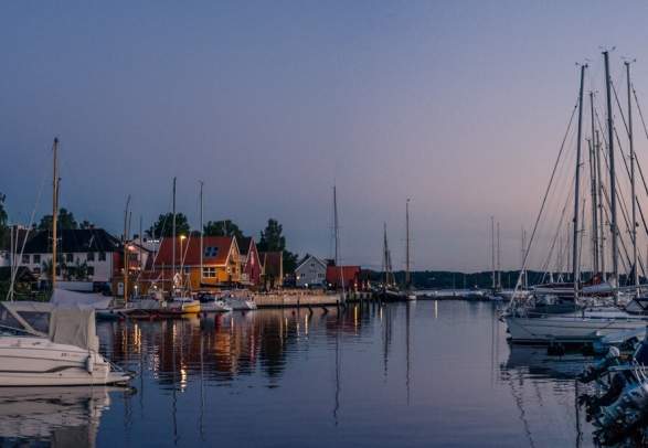 View over the harbour at night in Son, Eastern Norway