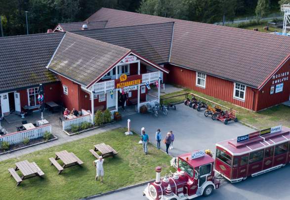 Aerial view of kid-friendly Mosjøen camping in Helgeland, Northern Norway
