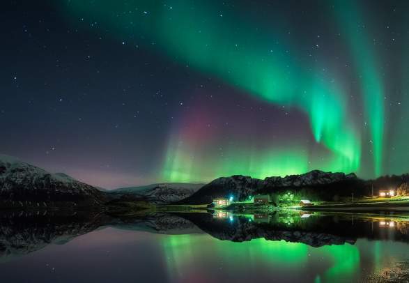Northern lights over Elgenes in Harstad, Northern Norway
