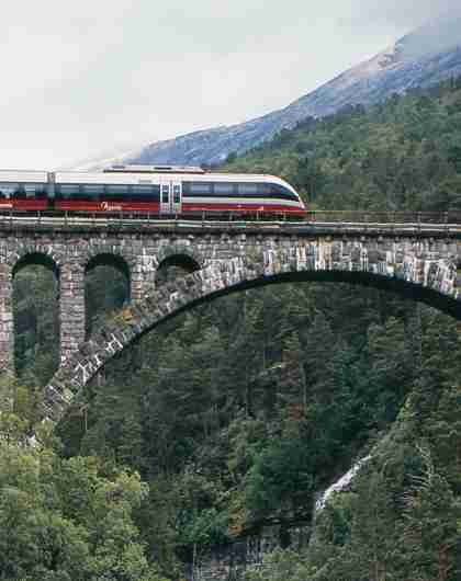 The Rauma Railway is one of the world’s best train journeys. Train crossing Kylling bridge in Rauma, Fjord Norway.