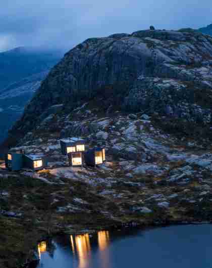 The cabins of Skåpet in Ryfylke at dusk